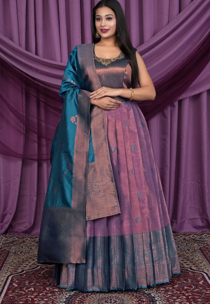 Purple Designer Banarasi Silk Gown With Dupatta