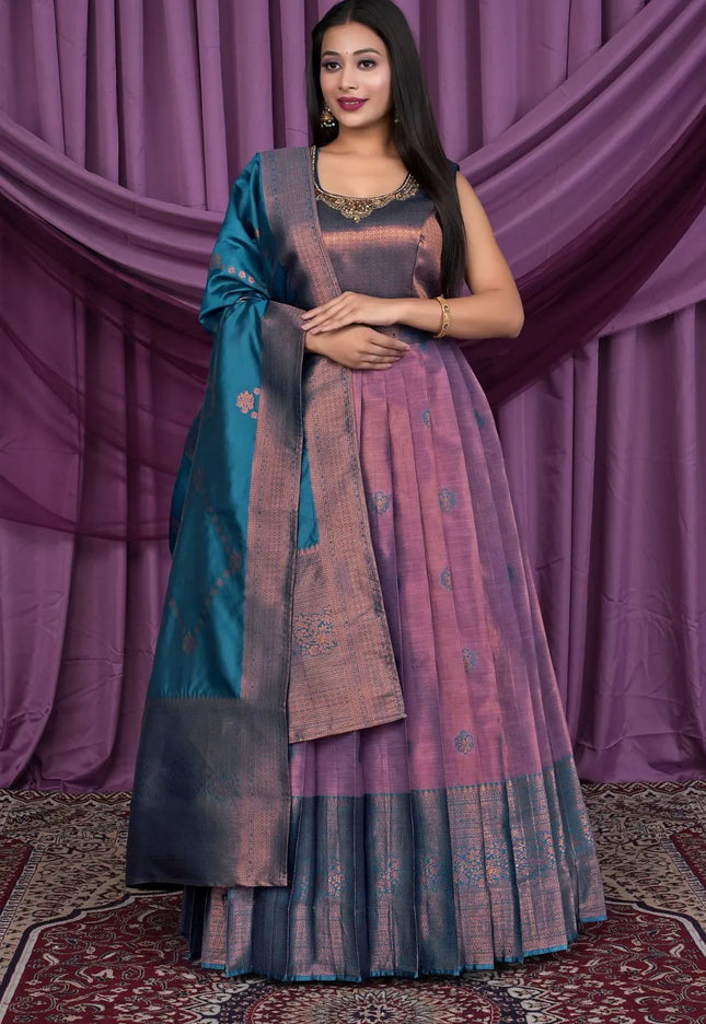 Purple Designer Banarasi Silk Gown With Dupatta