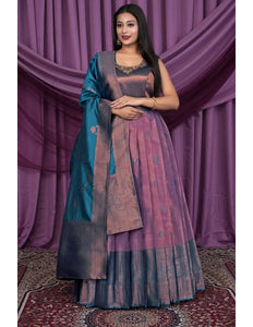 Purple Designer Banarasi Silk Gown With Dupatta
