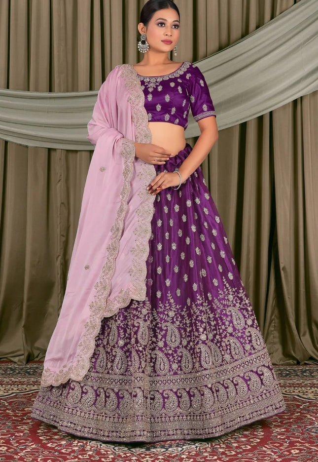 Purple Embroidered Bridesmaid Lehenga Choli In Net
