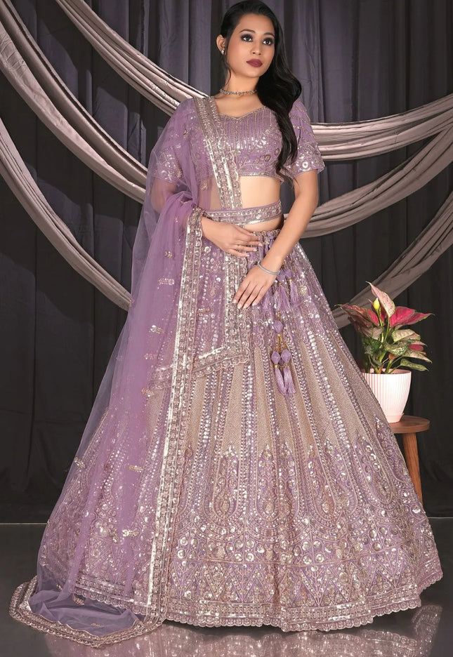 Purple Embroidered Net Chaniya Choli For Women