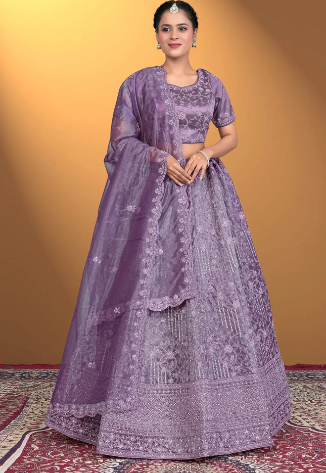 Purple Embroidered Net Lehenga Choli For Women