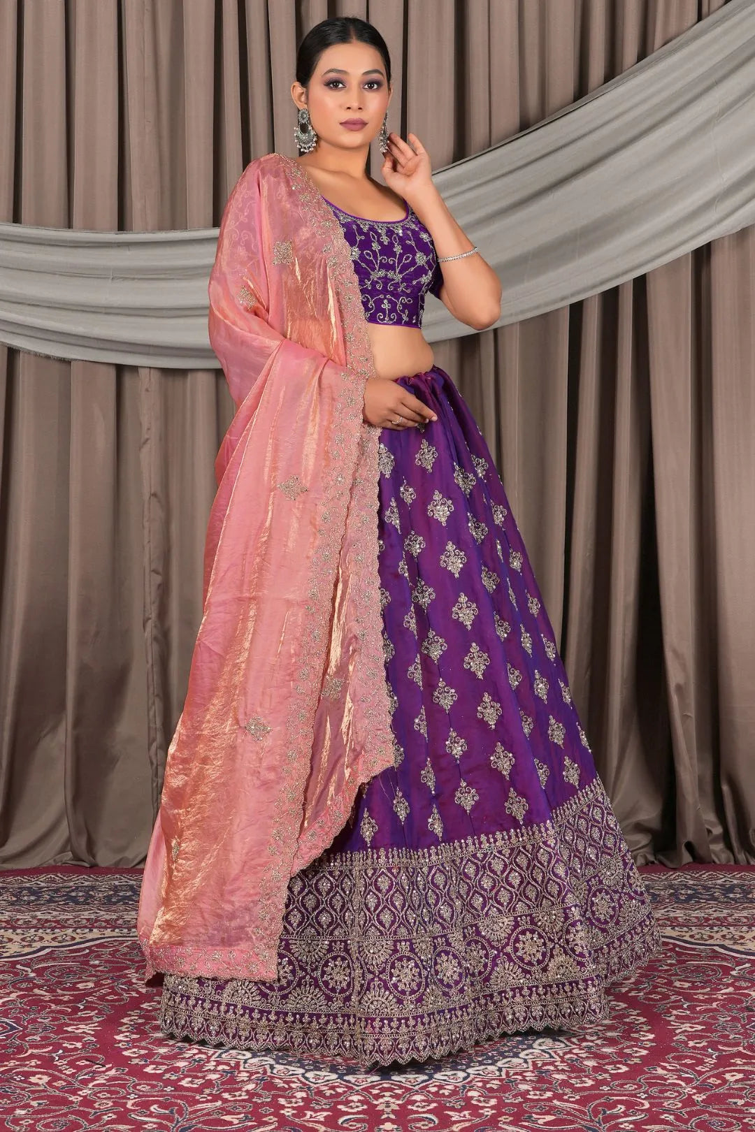 Purple Fendy Silk Semi-Stitched Lehenga For Women