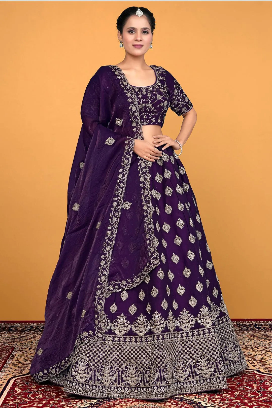 Purple Fendy Silk Embroidered Semi-Stitched Lehenga Choli
