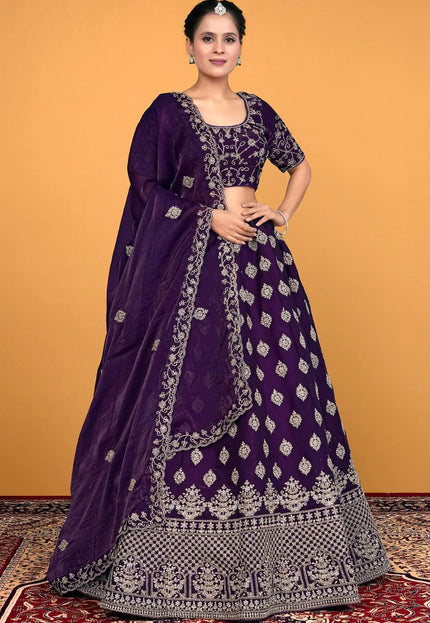 Purple Fendy Silk Embroidered Semi-Stitched Lehenga Choli
