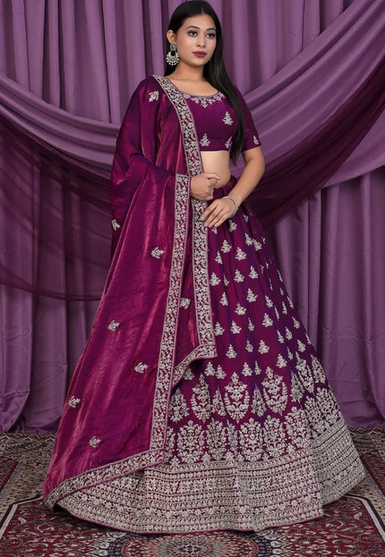 Purple Fendy Silk Pattu Lehenga With Embroidery Work
