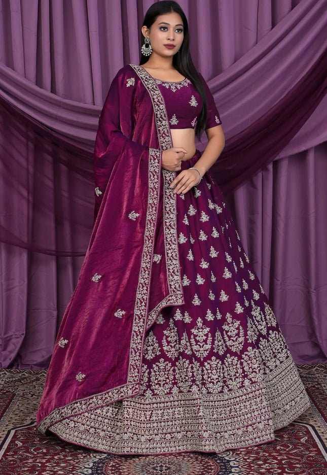 Purple Fendy Silk Pattu Lehenga With Embroidery Work