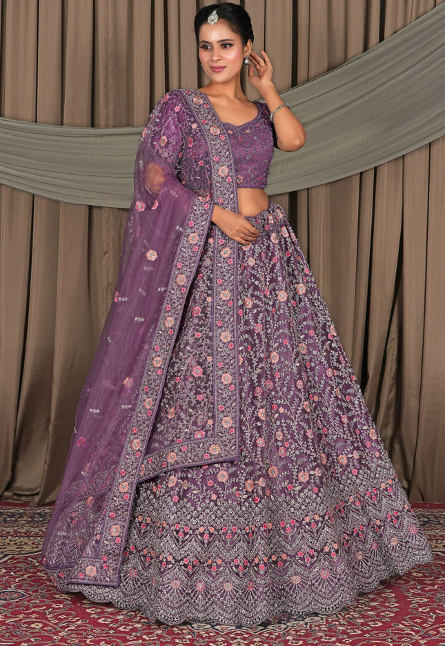 Woman in a traditional purple embroidered outfit