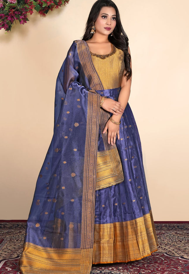 Woman wearing a blue and gold gown with dupatta