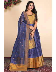 Woman wearing a blue and gold gown with dupatta