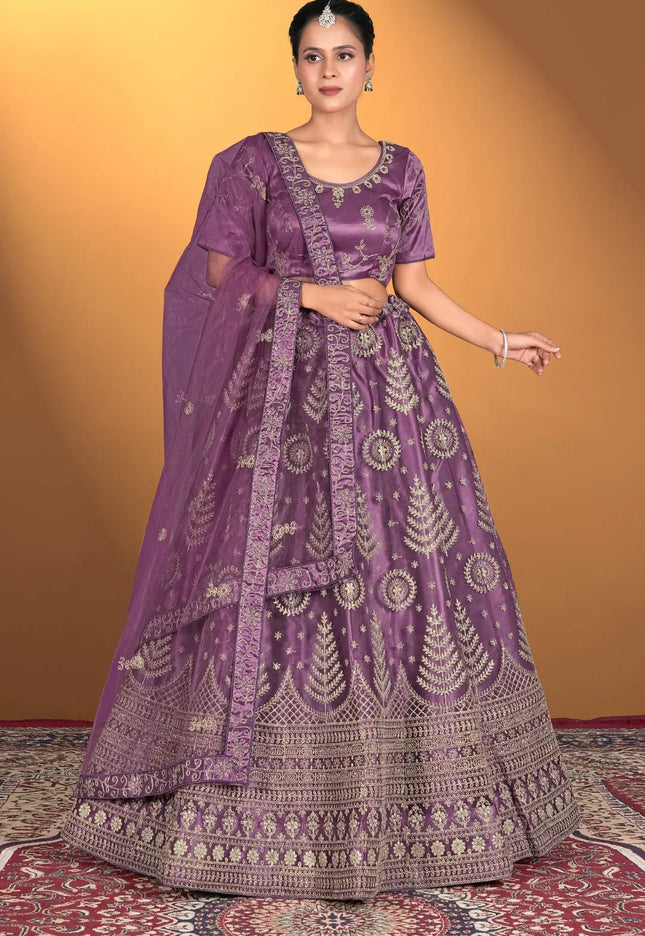 Purple Net Lehenga Choli For Women With Embroidery Work