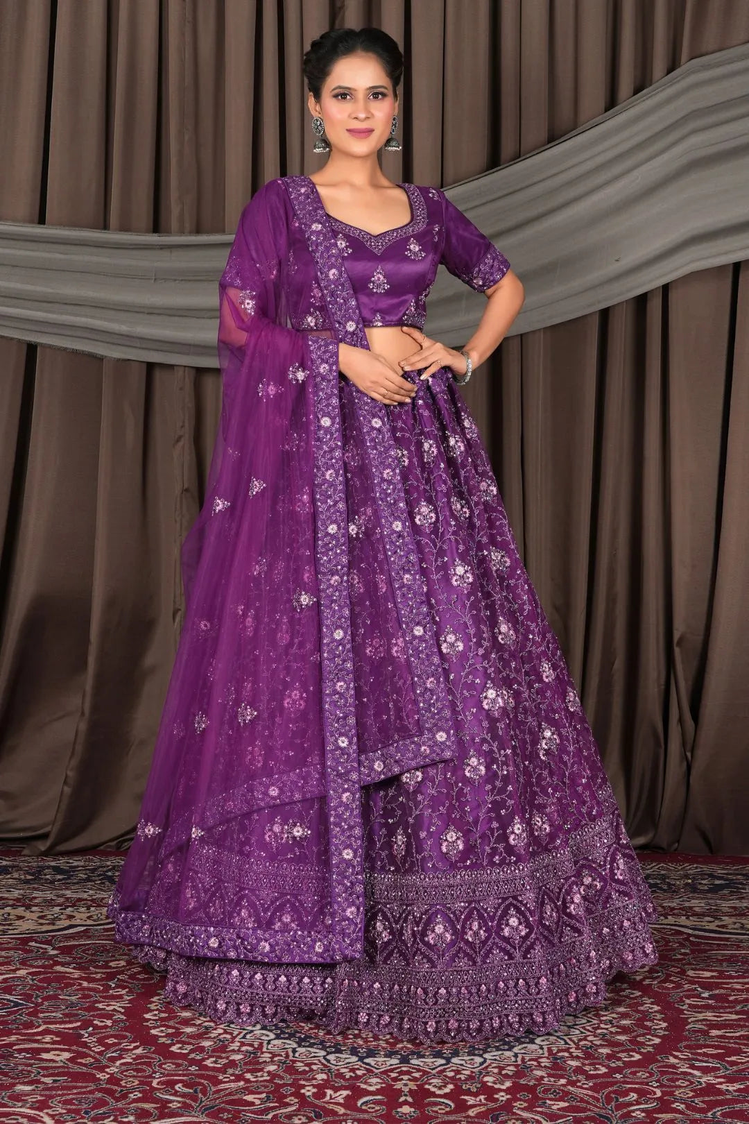 Purple Net Lehenga Choli With Embroidery Work
