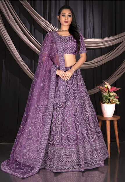 Purple Net Semi Stitch Embroidered Lehenga Choli For Women