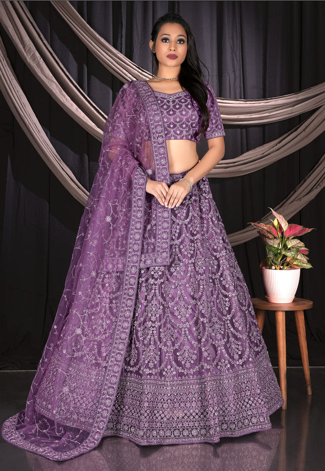 Purple Net Semi Stitch Embroidered Lehenga Choli For Women