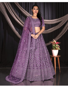 Purple Net Semi Stitch Embroidered Lehenga Choli For Women