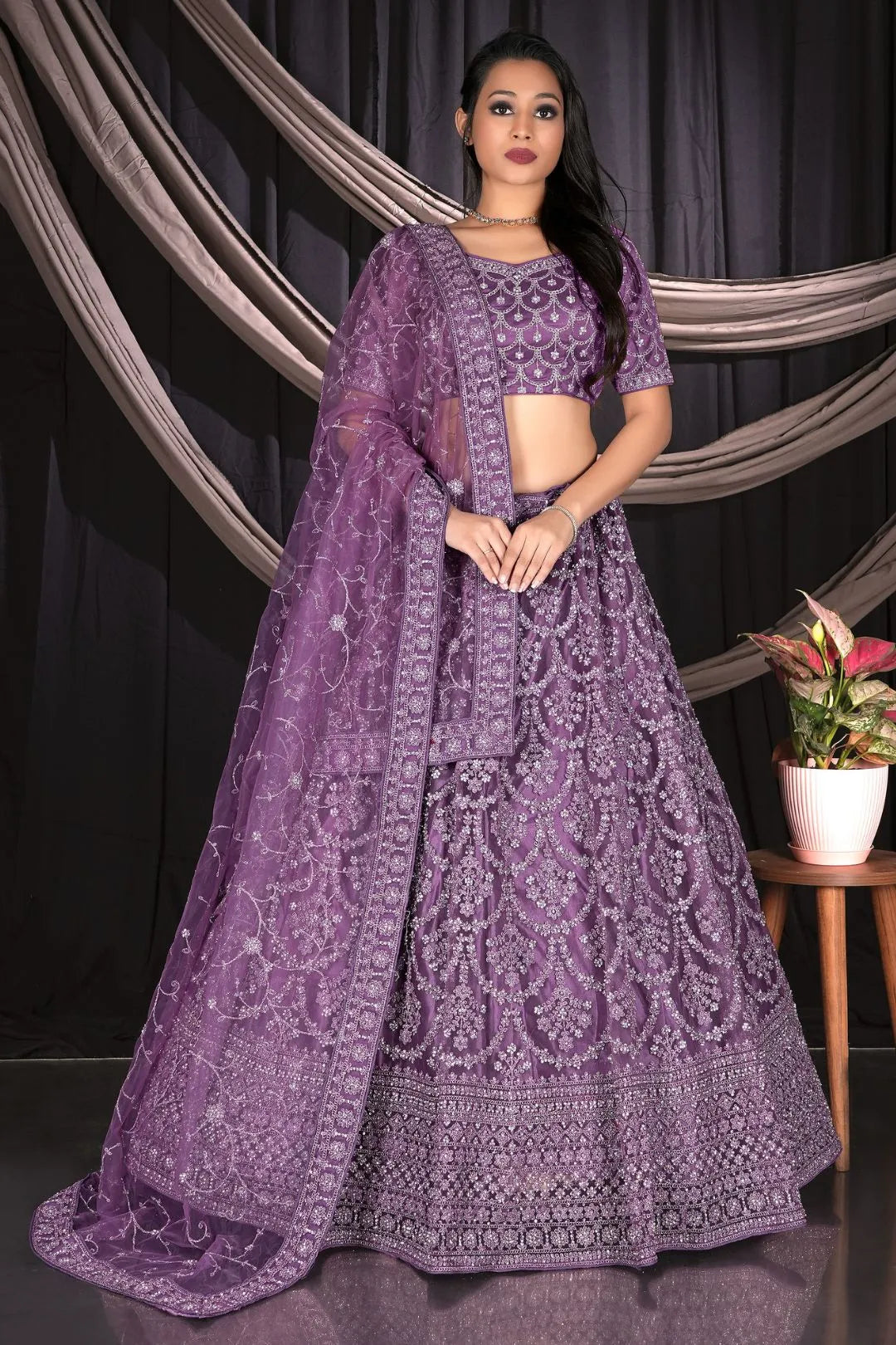 Purple Net Semi Stitch Embroidered Lehenga Choli For Women