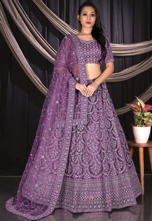 Purple Net Semi Stitch Embroidered Lehenga Choli For Women