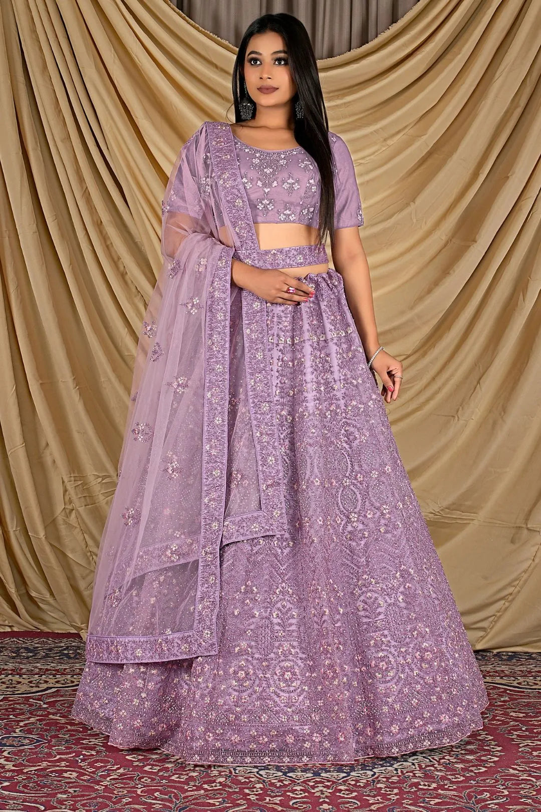 Purple Party Wear Embroidered Net Lehenga Choli For Women