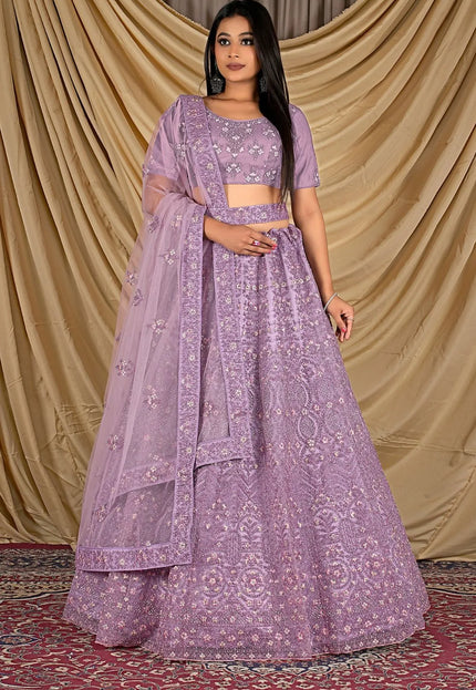 Purple Party Wear Embroidered Net Lehenga Choli For Women