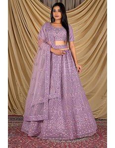 Purple Party Wear Embroidered Net Lehenga Choli For Women