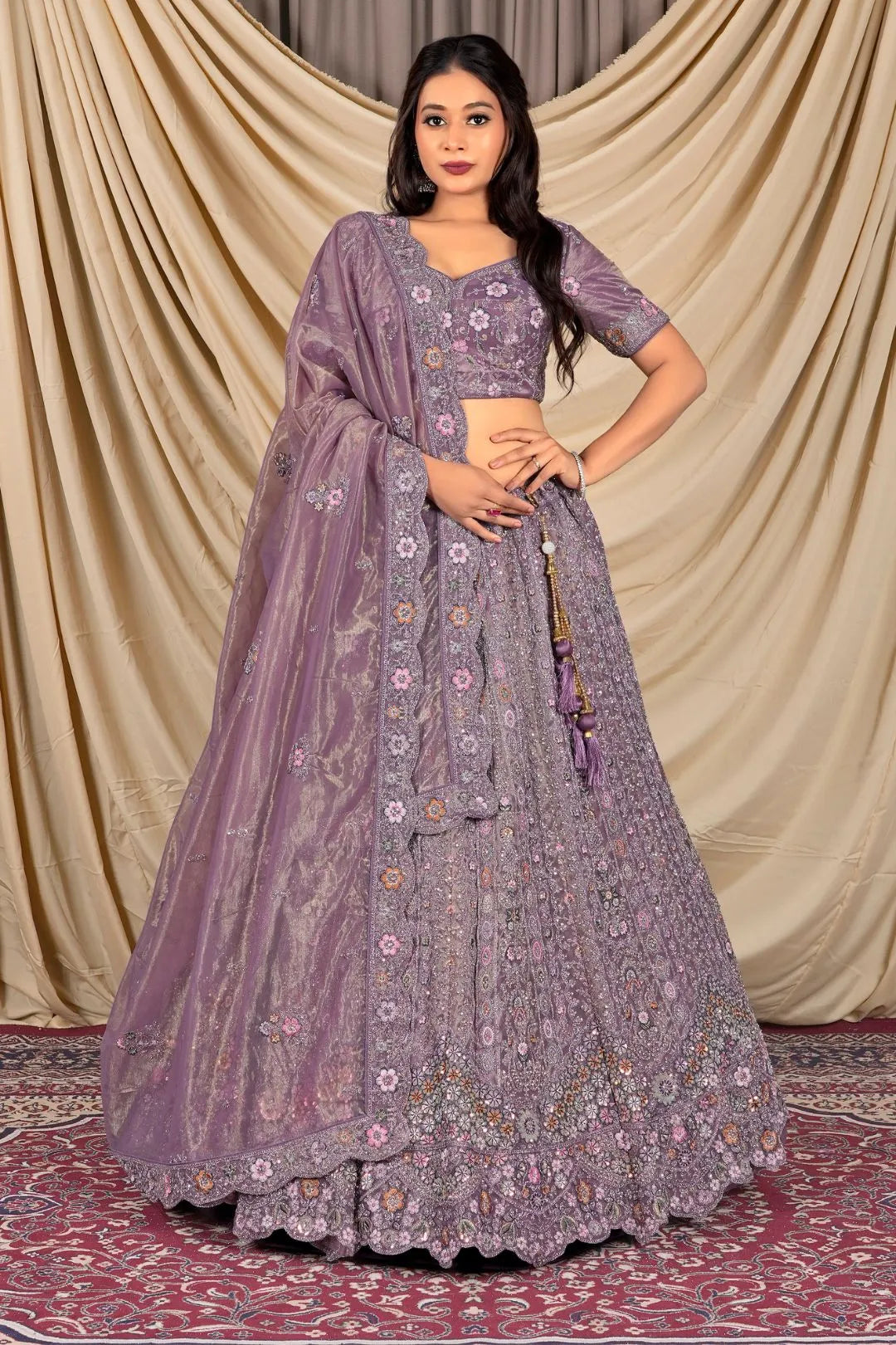 Purple Party Wear Embroidered Twill Net Lehenga Choli For Women
