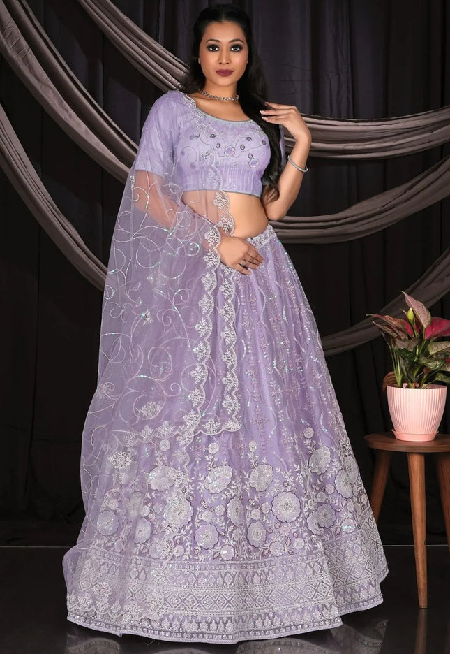 Purple Party Wear Net Lehenga Choli With Dupatta