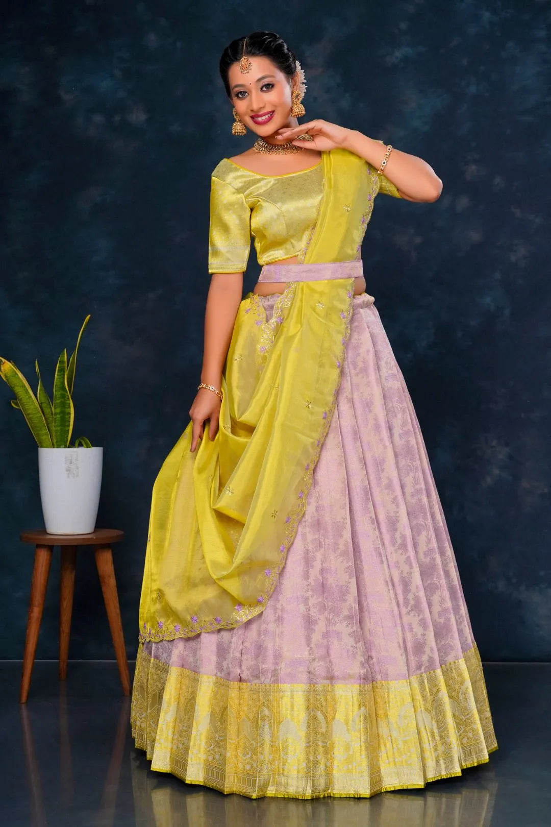 Purple Pure Tissue Silk Half Saree with Zari Weaving