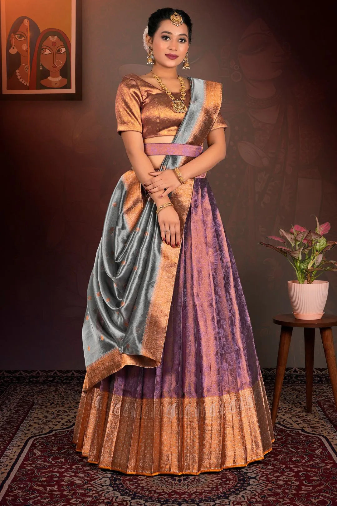 Purple Pure Two Tone Zari Tissue Lehenga Choli with Zari Work