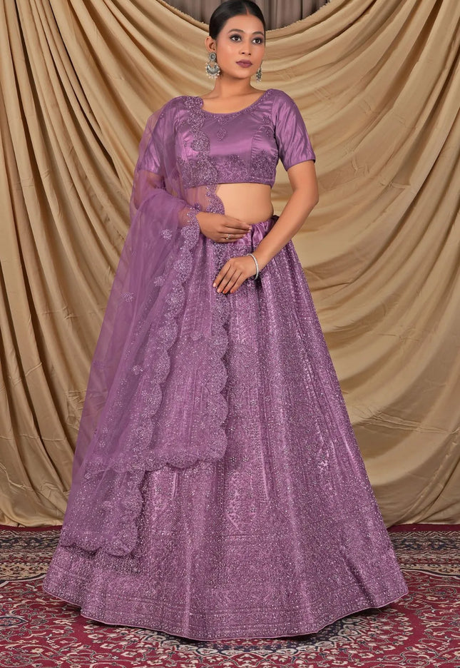 Purple Sequins Embroidered Net Lehenga Choli