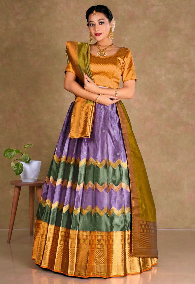 Woman wearing a traditional outfit with a purple and green skirt and gold top