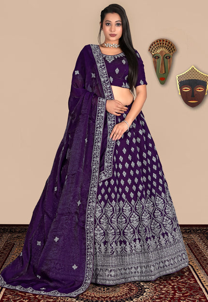 Woman wearing a purple traditional lehenga choli