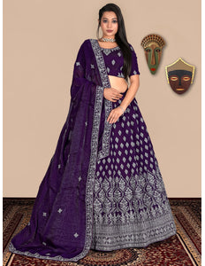 Woman wearing a purple traditional lehenga choli
