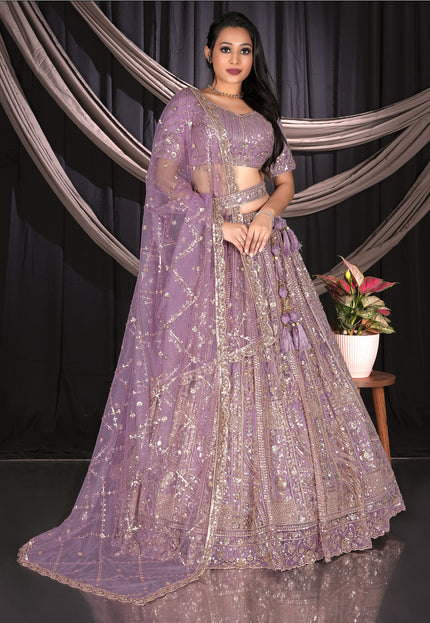 Woman in a purple embroidered traditional outfit