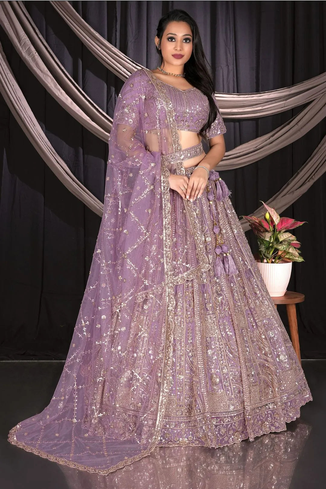 Purple Traditional Net Lehenga Choli With Dupatta