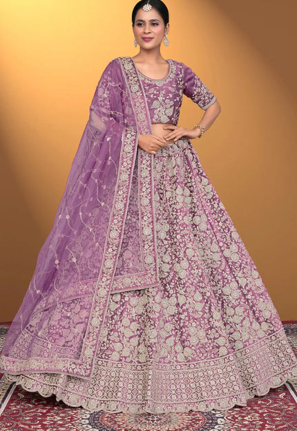 Purple Velvet Lehenga Choli With Net Dupatta For Women