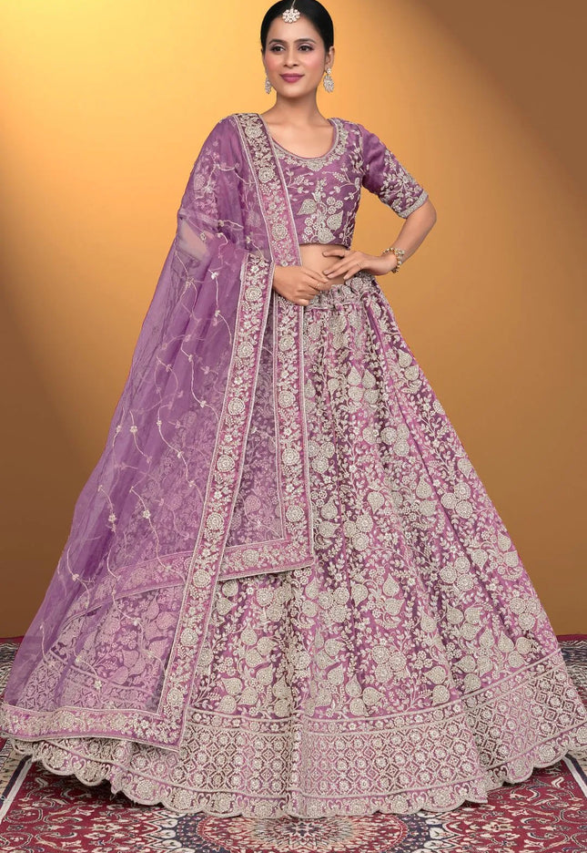 Purple Velvet Lehenga Choli With Net Dupatta For Women