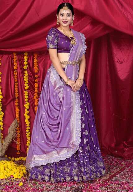 Purple Viscose Jacquard Pattu Lehenga Choli With Zari Work