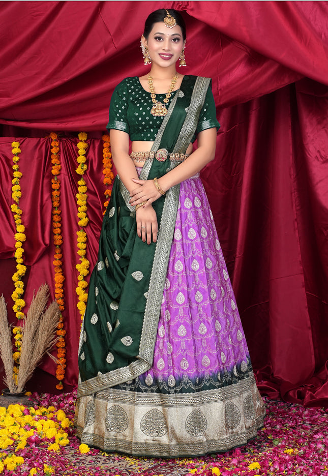 Woman in a green and purple traditional lehenga choli