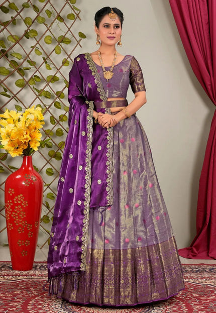 Purple Zari Silk Semi-Stitched Lehenga For Women