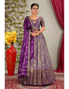 Purple Zari Silk Semi-Stitched Lehenga For Women