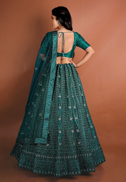 Rama Color Floral Net Lehenga