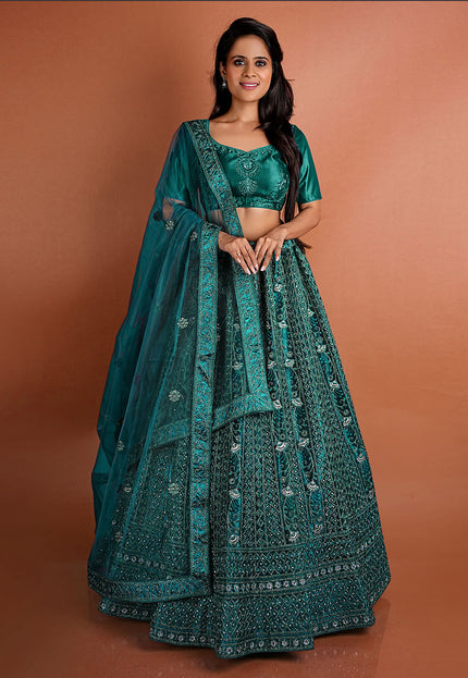 Rama Color Floral Net Lehenga