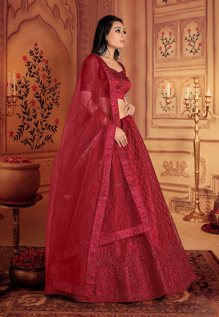 Red Embroidered Net Lehenga