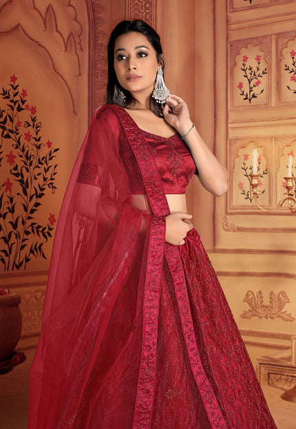 Red Embroidered Net Lehenga