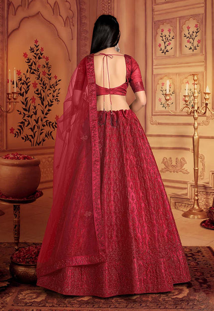 Red Embroidered Net Lehenga