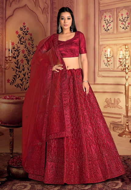 Red Embroidered Net Lehenga
