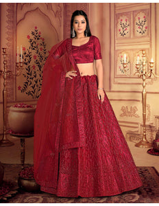 Red Embroidered Net Lehenga