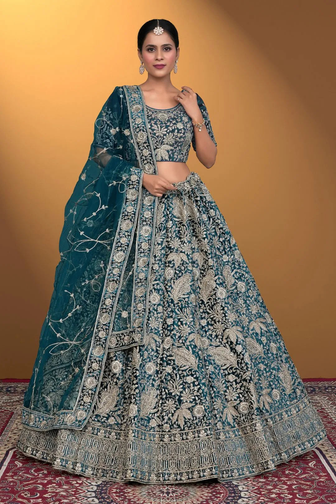 Rama Velvet Lehenga Choli With Net Dupatta For Women