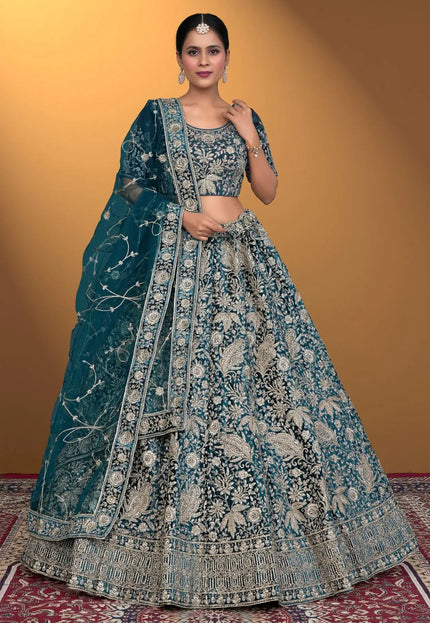 Rama Velvet Lehenga Choli With Net Dupatta For Women