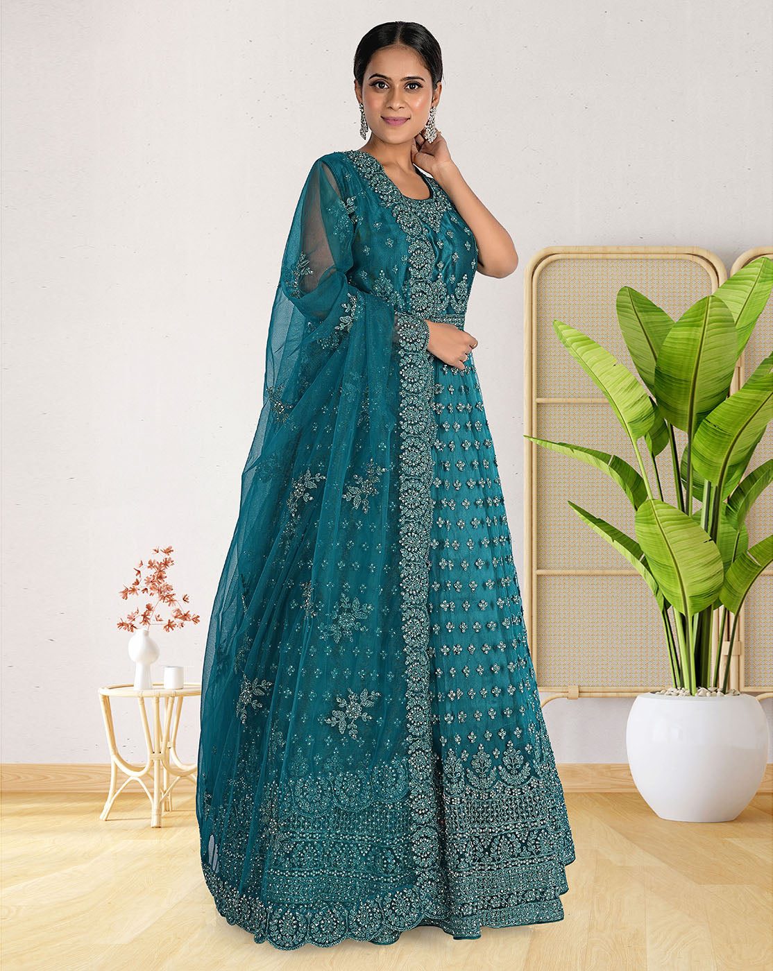 Rama Green Color Chanderi Designer Readymade Plus Size Gown Suit – 540366624
